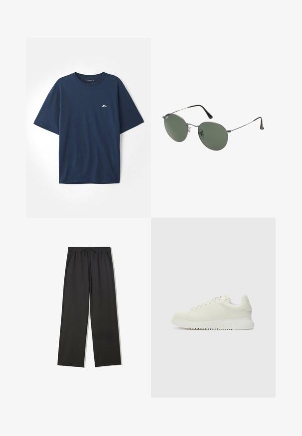 Fehér kötött pulóver kerek nyakkal, a mellrészen jól látható fekete felirattal: "032c BERLIN". Puha tapintású, laza szabású.; Tengerészes kék pamut póló rövid ujjal, kerek nyakkivágással, és egy kis fehér logóval a bal mellrészen. Puha tapintású és laza szabású.; Fekete elasztikus derékpántos nadrág, húzózsinórral és oldalzsebekkel, laza szabással és egyenes szárakkal.; Fehér bőr sportcipő texturált felsőrésszel, lekerekített orral, lapos fehér talppal és tónusban illeszkedő fűzőkkel. Diszkrét márkázás a nyelvén.; Fémkeretes napszemüveg ovális zöld lencsékkel. Vékony ezüst színű fémkeret és fekete fülrész. Minimalista dizájn, látható logók nélkül.
