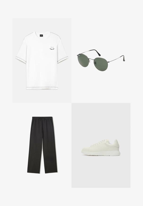 Biele pletený sveter s okrúhlym výstrihom, na prednej strane výrazný čierny text: "032c BERLIN". Mäkká textúra, voľný strih.; Biele tričko s krátkymi rukávmi, so čiernymi vyšitými detailmi a malým potlačeným vzorom na hrudi.; Čierne nohavice s elastickým pásom so sťahovacou šnúrkou a bočnými vreckami, s voľným strihom a rovnými nohavicami.; Biele kožené tenisky s textúrovaným vrchom, zaoblenou špičkou, plochou bielou podrážkou a tonálnymi šnúrkami. Diskrétne logo na jazyku.; Sunglass s metalovým rámom s oválnymi zelenými šošovkami. Tenký strieborný kovový rám a čierne štuple za uši. Minimalistický dizajn, bez viditeľných log.