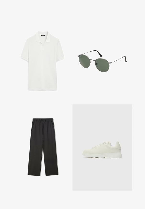 Witte gebreide trui met ronde hals, met zwarte tekst: "032c BERLIJN" opvallend op de voorkant weergegeven. Zachte textuur, ontspannen pasvorm.; Witte poloshirt met korte mouwen, gemaakt van zachte katoenstof. Heeft een klassieke kraag met twee knopen en een rechte zoom.; Zwarte broek met elastische taille, trekkoord en zijzakken, voorzien van een losse pasvorm en rechte pijpen.; Witte leren sneaker met een textuur bovenkant, ronde neus, vlakke witte zool en tonale veters. Subtiele branding op de tong.; Metalen zonnebril met ovale groene lenzen. Dunne zilveren metalen rand en zwarte oorstoppers. Minimalistisch ontwerp, zonder zichtbare logo's.