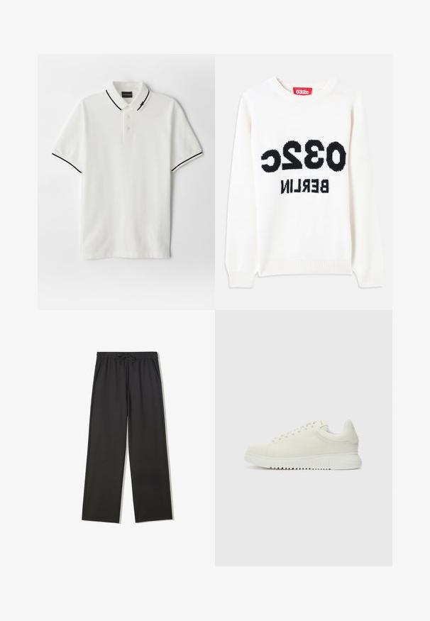 Biele pletený sveter s okrúhlym výstrihom, na prednej strane výrazný čierny text: "032c BERLIN". Mäkká textúra, voľný strih.; Biele polokolónková košeľa s trojgombíkovým zapínaním, čierne lemovanie na golieri a rukávoch, vyrobená z jemnej bavlny. Jednoduchý dizajn, žiadne vzory.; Čierne nohavice s elastickým pásom so sťahovacou šnúrkou a bočnými vreckami, s voľným strihom a rovnými nohavicami.; Biele kožené tenisky s textúrovaným vrchom, zaoblenou špičkou, plochou bielou podrážkou a tonálnymi šnúrkami. Diskrétne logo na jazyku.