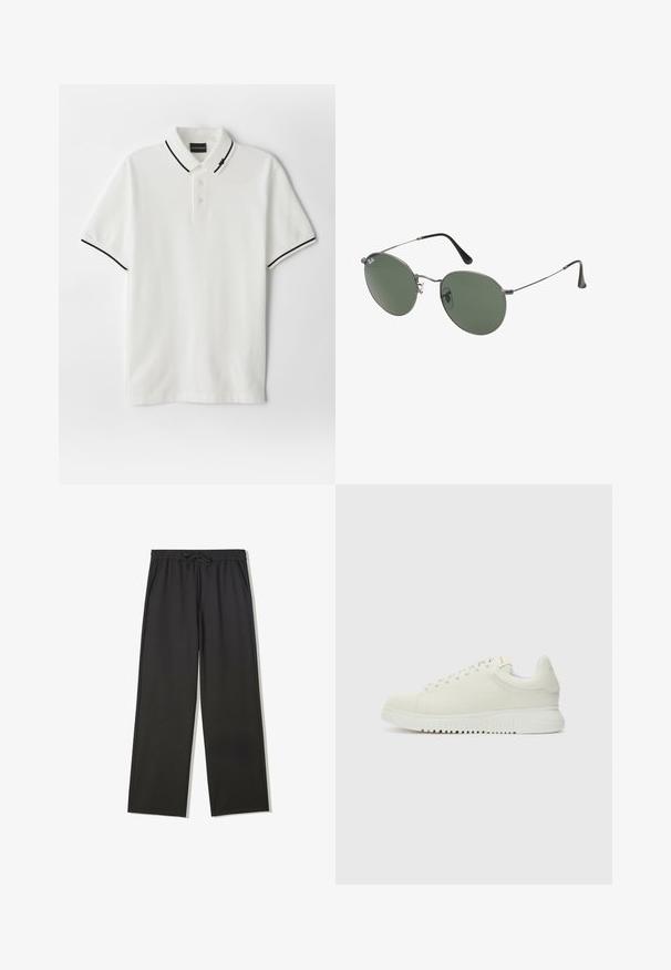 Biele pletený sveter s okrúhlym výstrihom, na prednej strane výrazný čierny text: "032c BERLIN". Mäkká textúra, voľný strih.; Biele polokolónková košeľa s trojgombíkovým zapínaním, čierne lemovanie na golieri a rukávoch, vyrobená z jemnej bavlny. Jednoduchý dizajn, žiadne vzory.; Čierne nohavice s elastickým pásom so sťahovacou šnúrkou a bočnými vreckami, s voľným strihom a rovnými nohavicami.; Biele kožené tenisky s textúrovaným vrchom, zaoblenou špičkou, plochou bielou podrážkou a tonálnymi šnúrkami. Diskrétne logo na jazyku.; Sunglass s metalovým rámom s oválnymi zelenými šošovkami. Tenký strieborný kovový rám a čierne štuple za uši. Minimalistický dizajn, bez viditeľných log.