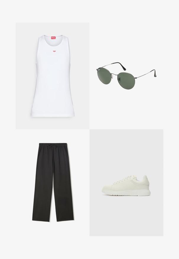 White knit sweater with a crew neck, featuring black text: "032c BERLIN" prominently displayed on the front. Soft texture, relaxed fit.; White sleeveless tank top made of smooth fabric. Features a round neckline and a small red "D" logo at the center.; Black, wide-leg, elastic waist pants with a drawstring, featuring side pockets and a smooth, lightweight fabric finish.; White leather sneaker with textured upper, rounded toe, flat white sole, and tonal laces. Subtle branding on the tongue.; Metal-framed sunglasses with oval green lenses. Thin silver metal frame and black ear tips. Minimalist design, no visible logos.