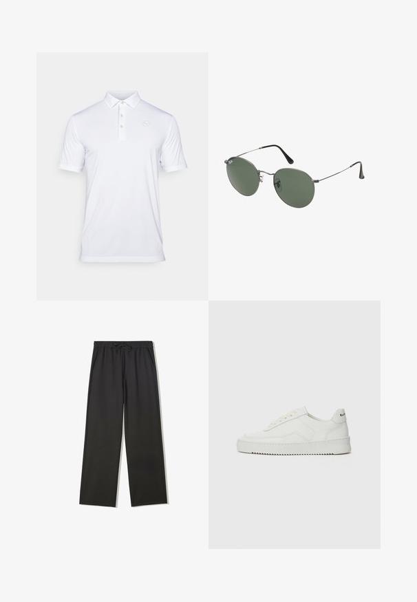 Bílý pletený svetr s kulatým výstřihem, na přední straně výrazný černý nápis: "032c BERLIN". Měkká textura, volný střih.; Bílá polo tričko vyrobené z hladkého materiálu. Má klasický límeček, lištu se třemi knoflíky a jemné logo na levé hrudi. Krátké rukávy.; Černé kalhoty s elastickým pasem s šňůrkou a bočními kapsami, s volnějším střihem a rovnými nohavicemi.; Bílé kožené tenisky s hladkým povrchem, kulatou špičkou, plochými tkaničkami a texturovanou podrážkou. Na patě se nachází nenápadné logo.; Sluneční brýle s kovovým rámem a oválnými zelenými skly. Tenký stříbrný kovový rám a černé chrániče uší. Minimalistický design, žádné viditelné logo.