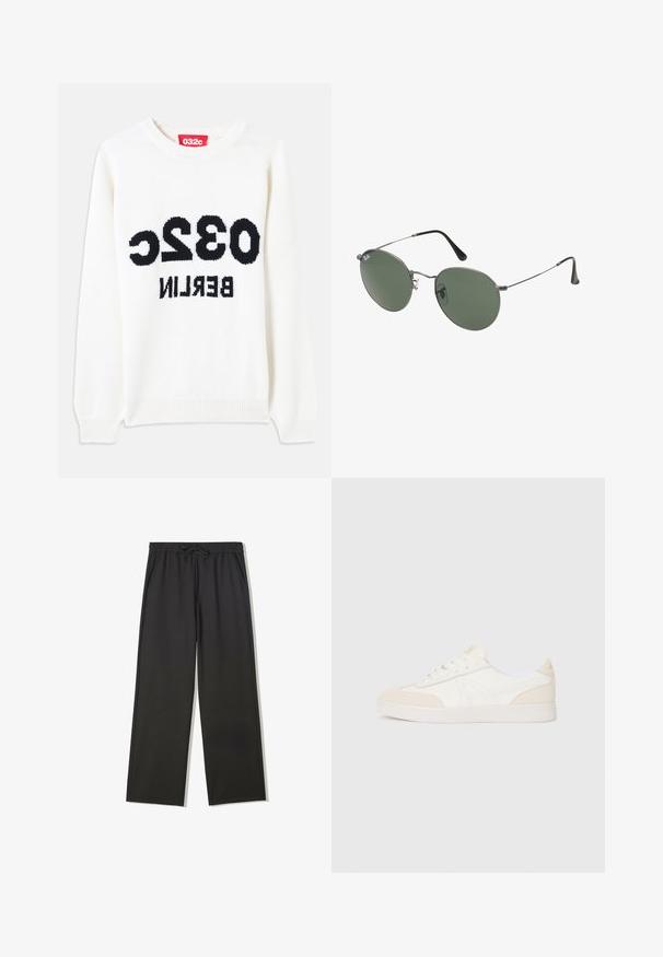 Valkoinen neulepaita, jossa on pyöreä kaula-aukko ja etupuolella näkyvästi musta teksti: "032c BERLIN". Pehmeä materiaali, rento istuvuus.; Musta joustava vyötäröhousu, jossa kiristysnauha ja sivutaskut. Housut ovat väljät ja suorat lahkeet.; Valkoiset lenkkarit, joissa on beige mokkanahkaaccentit, teksturoitu päällinen, pyöreä kärki, tasainen pohja ja voimakkaat nauhat. Minimaalistinen muotoilu, jossa on logotieto.; Aurinkolasit metallikehyksillä, joissa on soikeat vihreät linssit. Ohut hopeinen metallikehys ja mustat korvapehmusteet. Minimalistinen muotoilu, ei näkyviä logoja.