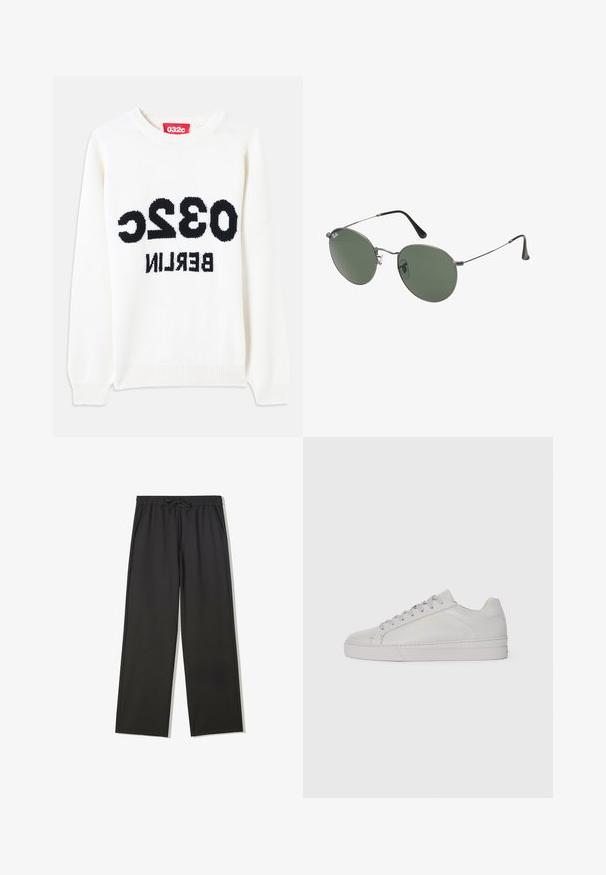Witte gebreide trui met ronde hals, met zwarte tekst: "032c BERLIJN" opvallend op de voorkant weergegeven. Zachte textuur, ontspannen pasvorm.; Zwarte broek met elastische taille, trekkoord en zijzakken, voorzien van een losse pasvorm en rechte pijpen.; Lichtgrijze leren sneaker met een gladde textuur, ronde neus, platte rubberen zool en ton-sur-ton veters. Bevat minimale branding in goud.; Metalen zonnebril met ovale groene lenzen. Dunne zilveren metalen rand en zwarte oorstoppers. Minimalistisch ontwerp, zonder zichtbare logo's.