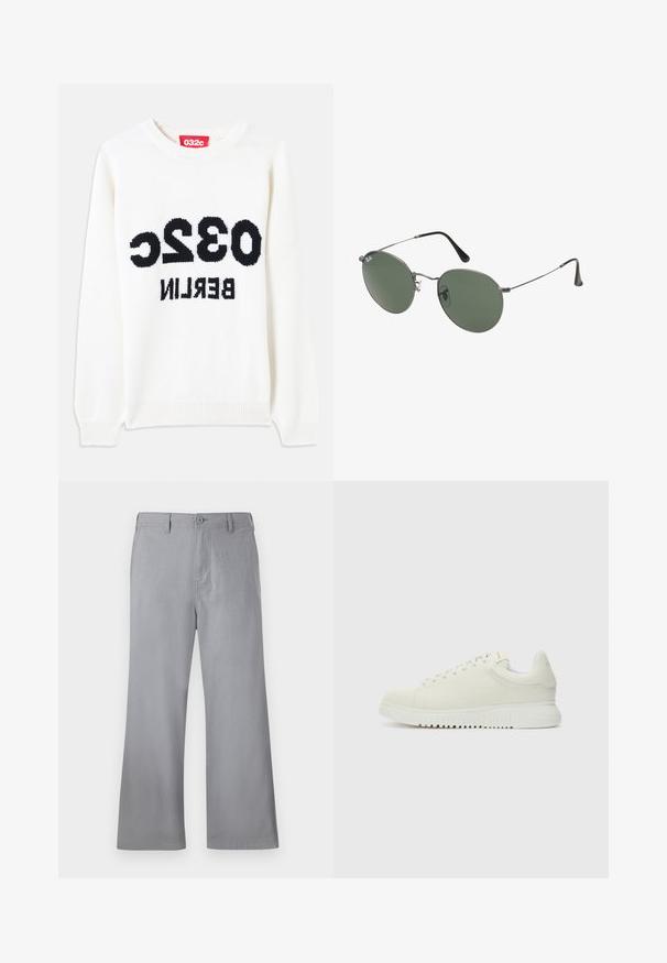 Vit stickad tröja med rund halsringning, med svart text: "032c BERLIN" tydligt tryckt på framsidan. Mjuk struktur, avslappnad passform.; Grå vida byxor tillverkade av mjukt tyg, med knappstängning fram, bältesöglor och en ren design utan synliga mönster eller detaljer.; Vit lädersneaker med texturerad ovandel, rund tå, platt vit sula och tonade snörningar. Diskret logotyp på tungan.; Metallinramade solglasögon med ovala gröna linser. Tunn silvermetallram och svarta öronpluggar. Minimalistisk design, inga synliga logotyper.