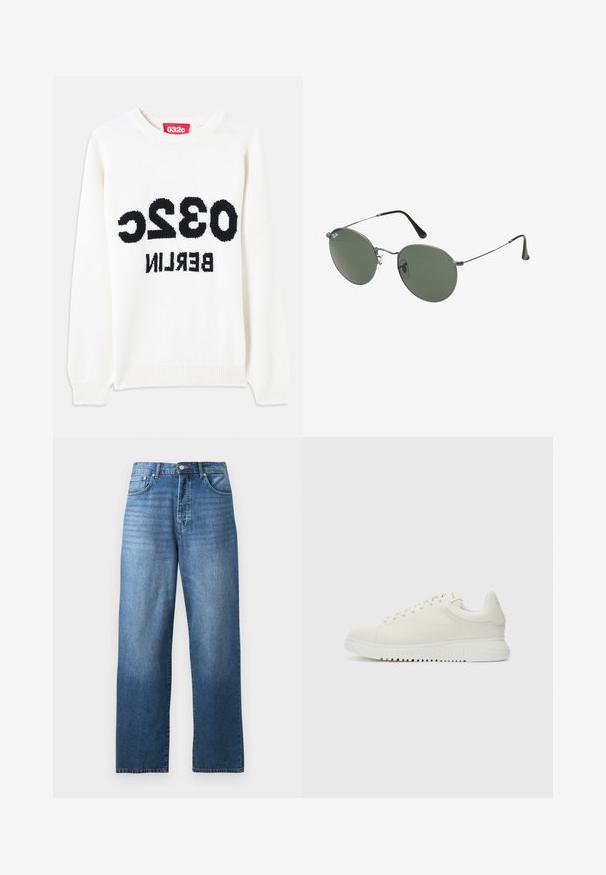Bela pletena majica s okruglim izrezom, s crnim natpisom: "032c BERLIN" istaknutim na prednjem dijelu. Mekana tekstura, opušten kroj.; Modri kavbojke ravnega kroja z petimi žepi in zapiranjem na gumb in zadrgo, prikazane na beli podlagi.; Beli usnjeni športni čevlji z teksturiranim zgornjim delom, okroglo konico, ravnim belim podplatom in toniranim vezalkami. Diskretna blagovna znamka na ježku.; Sončna očala z ovalnimi zelenimi lečami v kovinskem okvirju. Tanjši srebrni kovinski okvir in črne ušesne konice. Minimalistična zasnova, brez vidnih logotipov.