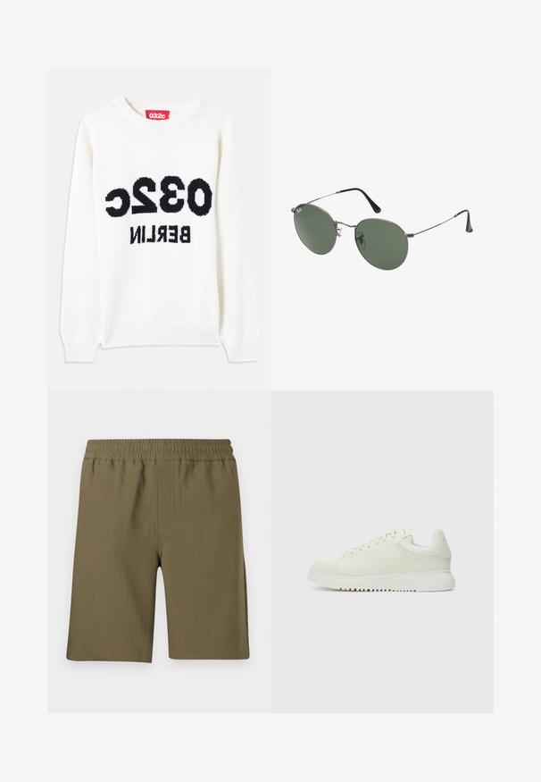 Hvid strikket sweater med rund hals, der har sort tekst: "032c BERLIN" tydeligt vist på forsiden. Blødt materiale, afslappet pasform.; Samsøe Samsøe SMITH - Shorts - four leaf clover; Hvide lædersneakers med struktureret overdel, rund tå, flad hvid sål og tonede snørebånd. Subtil branding på tungen.; Metalrammede solbriller med ovale grønne linser. Tynd sølvmetalramme og sorte ørepropper. Minimalistisk design, ingen synlige logoer.