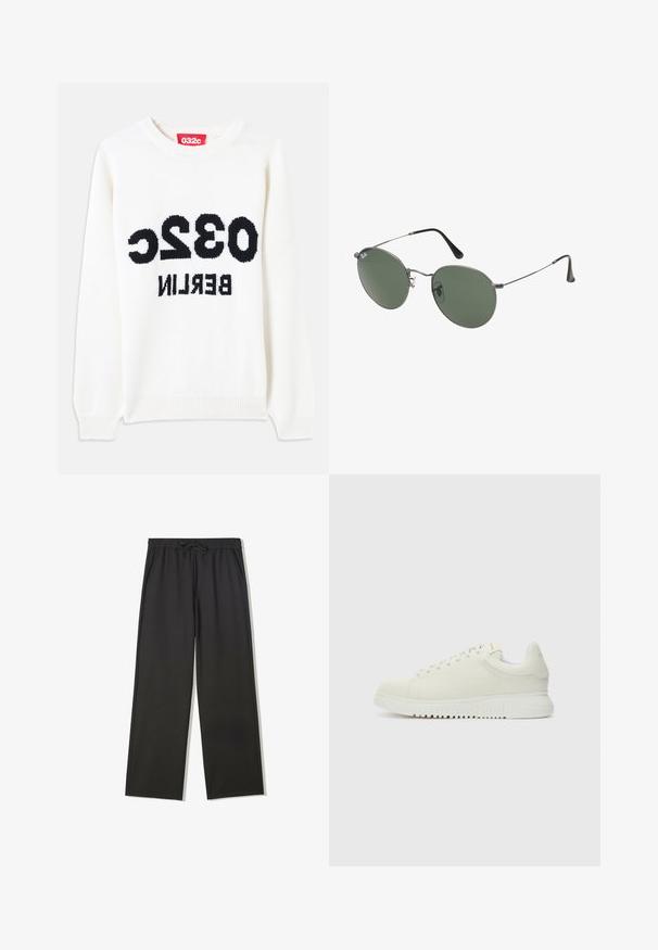 Biele pletený sveter s okrúhlym výstrihom, na prednej strane výrazný čierny text: "032c BERLIN". Mäkká textúra, voľný strih.; Čierne nohavice s elastickým pásom so sťahovacou šnúrkou a bočnými vreckami, s voľným strihom a rovnými nohavicami.; Biele kožené tenisky s textúrovaným vrchom, zaoblenou špičkou, plochou bielou podrážkou a tonálnymi šnúrkami. Diskrétne logo na jazyku.; Sunglass s metalovým rámom s oválnymi zelenými šošovkami. Tenký strieborný kovový rám a čierne štuple za uši. Minimalistický dizajn, bez viditeľných log.