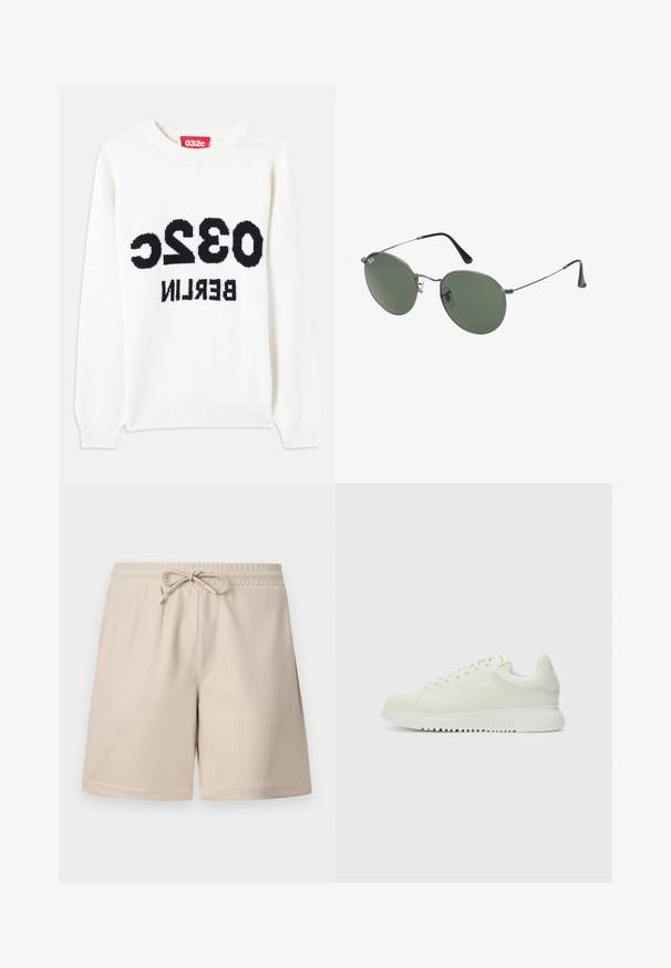 Weißer Strickpullover mit Rundhalsausschnitt, mit schwarzem Text: "032c BERLIN", der auf der Vorderseite hervortritt. Weiche Textur, lockere Passform.; Beige Shorts mit geripptem Textur, verstellbarem Bund und Seitentaschen, die ein schlichtes und funktionales Design zeigen.; Weiße Leder-Sneaker mit texturiertem Obermaterial, runder Zehenpartie, flacher weißer Sohle und tonalen Schnürsenkeln. Dezentes Branding auf der Zunge.; Metallgestellte Sonnenbrille mit ovalen grünen Gläsern. Dünner silberner Metallrahmen und schwarze Ohrstücke. Minimalistisches Design, keine sichtbaren Logos.