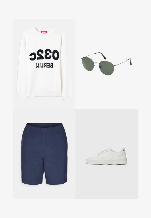 Valkoinen neulepaita, jossa on pyöreä kaula-aukko ja etupuolella näkyvästi musta teksti: "032c BERLIN". Pehmeä materiaali, rento istuvuus.; Tummansiniset shortsit, jotka on valmistettu kevyestä kankaasta. Ne sisältävät joustavan vyötärön, nappisuljennan, sivutaskut ja pienen logotarkin.; Valkoinen nahkakenkä, jossa on sileä pinta, pyöreä kärki, tasaiset nauhat ja teksturoitu pohja. Sisältää huomaamattoman logon kantapäässä.; Aurinkolasit metallikehyksillä, joissa on soikeat vihreät linssit. Ohut hopeinen metallikehys ja mustat korvapehmusteet. Minimalistinen muotoilu, ei näkyviä logoja.