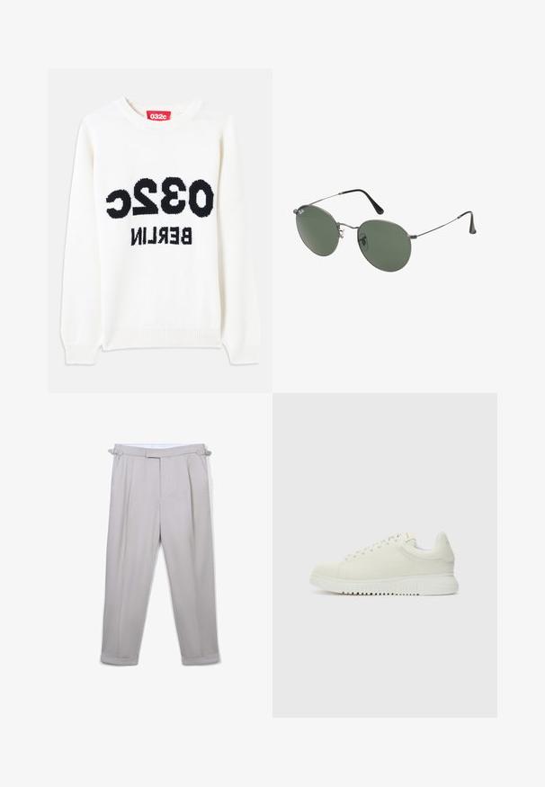 Maglione bianco a maglia con colletto rotondo, caratterizzato da una scritta nera: "032c BERLIN" in mostra sul davanti. Texture morbida, vestibilità rilassata.; Pantaloni grigi chiaro su misura con fibbie per la regolazione laterale, pieghe frontali, orli con risvolto e una cintura bianca parzialmente visibile.; Sneaker bianca in pelle con superiore testurizzato, punta arrotondata, suola piatta bianca e lacci tono su tono. Branding discreto sulla linguetta.; Occhiali da sole con montatura in metallo e lenti verdi ovali. Montatura sottile in metallo argento e terminali neri. Design minimalista, senza loghi visibili.