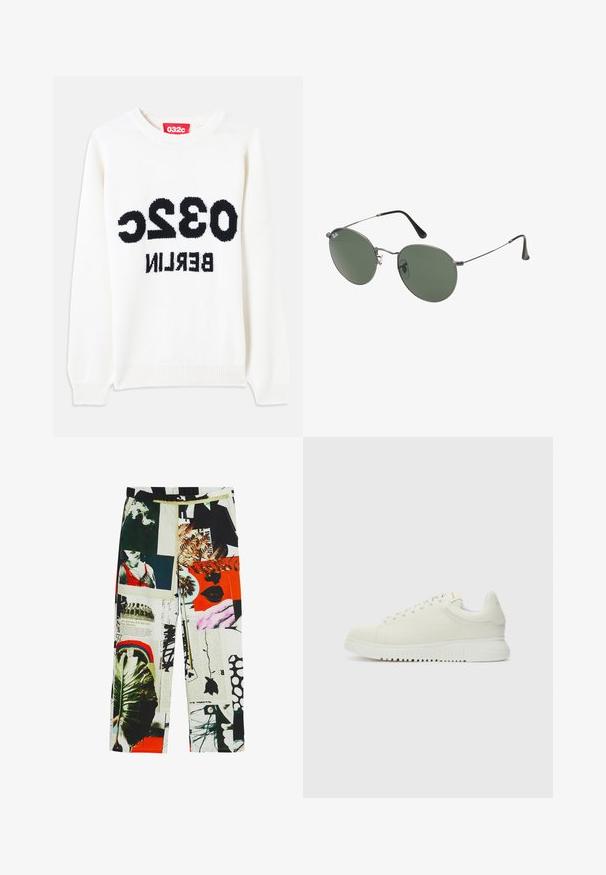 Valge kudumiskampsun ümmarguse kaelusega, mille esiküljel on selgelt nähtaval must tekst: "032c BERLIIN". Pehme tekstuur, mugav lõige.; Mustrilised püksid, millel on kollaaž pilte, värve ja tekstuure, sealhulgas rohelust, graafikat ja julgeid aktsente. Paelaga vöökoht.; Valge nahkne sneaker, millel on tekstureeritud pealmine osa, ümar varvas, lame valge talla ja tooni järgi seotud paelad. Disciple brändimine keelega.; Metallist raamistikuga prillid ovaalsete roheliste läätsedega. Õhuke hõbedane metallraam ja mustad kõrvakatted. Minimalistlik disain, nähtavad logod puuduvad.