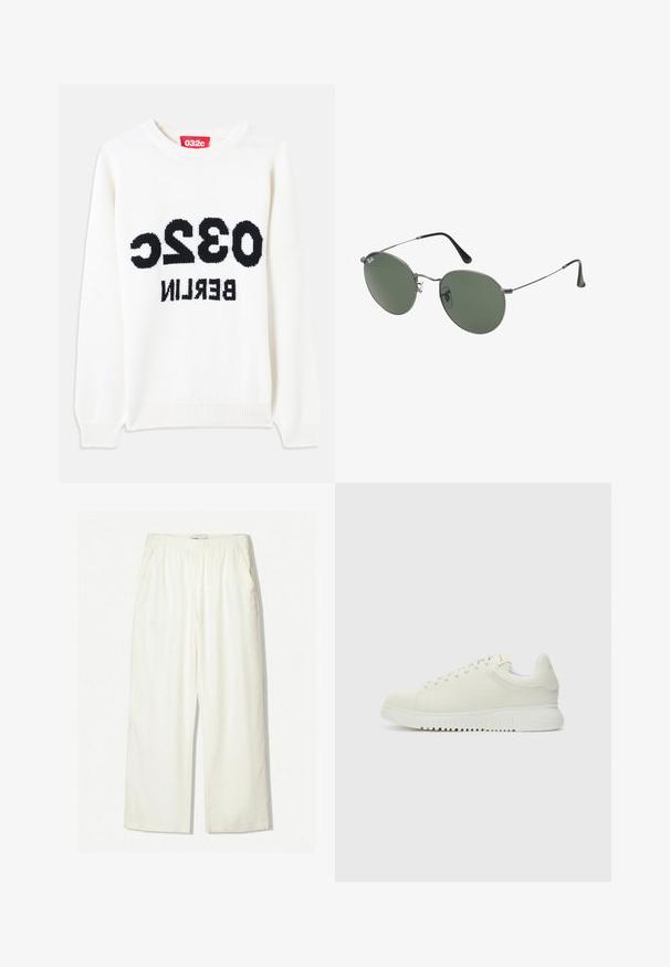 Fehér kötött pulóver kerek nyakkal, a mellrészen jól látható fekete felirattal: "032c BERLIN". Puha tapintású, laza szabású.; Fehér, bő szárú nadrág könnyű anyagból. Rugalmas derékkal és oldalsó zsebekkel rendelkezik, sima, enyhén texturált felülettel.; Fehér bőr sportcipő texturált felsőrésszel, lekerekített orral, lapos fehér talppal és tónusban illeszkedő fűzőkkel. Diszkrét márkázás a nyelvén.; Fémkeretes napszemüveg ovális zöld lencsékkel. Vékony ezüst színű fémkeret és fekete fülrész. Minimalista dizájn, látható logók nélkül.