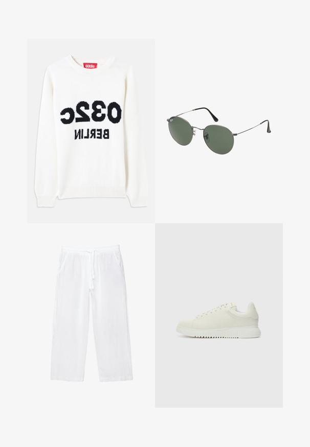 Bijela pletena majica s okruglim izrezom, s crnim tekstom: "032c BERLIN" istaknuto prikazano na prednjem dijelu. Mekana tekstura, opušteni kroj.; Bijele lanene hlače do gležnjeva s elastičnim pojasom, podešavanjem i dva bočna džepa. Glatka tekstura i lagani dizajn za udobnost.; Bijele kožne tenisice s teksturiranim gornjištem, okruglim prstom, ravnim bijelim potplatom i toniranim vezicama. Suptilno brendiranje na jeziku.; Naočale s metalnim okvirom i ovalnim zelenim staklima. Tanka srebrna metalna konstrukcija i crni silikonski jastučići za uši. Minimalistički dizajn, bez vidljivih logotipa.