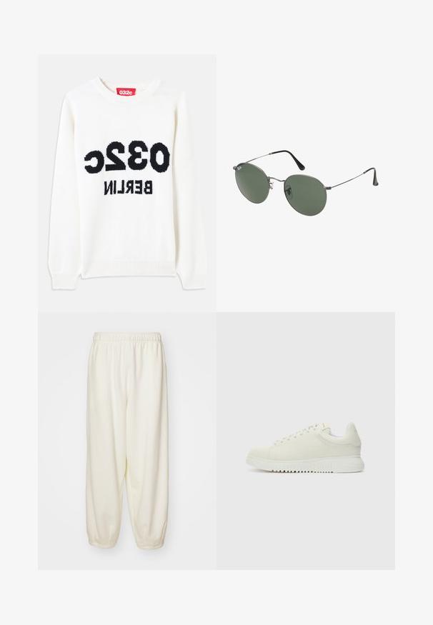 Bílý pletený svetr s kulatým výstřihem, na přední straně výrazný černý nápis: "032c BERLIN". Měkká textura, volný střih.; Krémové tepláky vyrobené z měkké tkaniny, s elastickým pasem a zúženými manžetami, s uvolněným střihem a bez viditelných vzorů.; Bílé kožené tenisky s texturovaným svrškem, kulatou špičkou, plochou bílou podešví a tonálními tkaničkami. Jemné brandování na jazyku.; Sluneční brýle s kovovým rámem a oválnými zelenými skly. Tenký stříbrný kovový rám a černé chrániče uší. Minimalistický design, žádné viditelné logo.