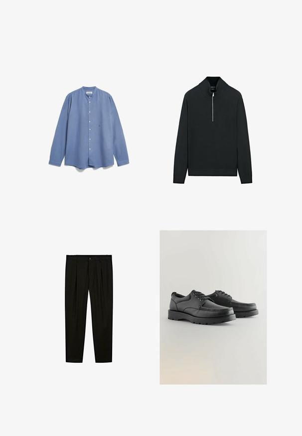 Zwarte trui met hoge kraag, half-rits aan de voorkant en geribde manchetten en zoom. Gemaakt van zacht gebreid materiaal met een gladde textuur.; ARMEDANGELS VAALERONIMUS LINO - Overhemd - blue stone; Zwarte op maat gemaakte broeken van soepel materiaal. Kenmerken zijn een platte voorkant, brede pijpen en een knoopsluiting bij de taille.; Zwarte leren schoenen met een gestructureerde bovenkant, ronde neus, vetersluiting en dikke rubberen zolen met een patroon.
