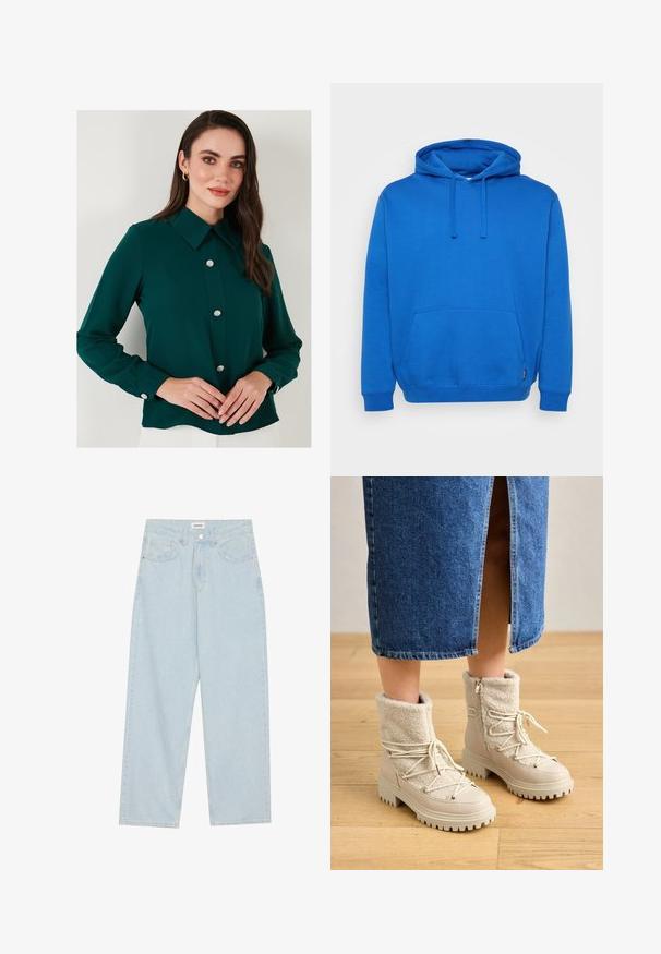 Blue pullover hoodie made of soft fabric, featuring a front pocket, drawstring hood, ribbed cuffs, and a relaxed fit. Minimalistic design.; Dark green blouse with a collar, long sleeves, and decorative gemstone buttons down the front. Smooth fabric with a slightly glossy finish.; Light blue wide-leg jeans made of denim, featuring a mid-rise waist, five pockets, and a button closure with a slim metal accent.; Light beige boots with a textured fleece upper, contrasting smooth material, prominent laces, and a chunky sole. Subtle zip detail on the side.