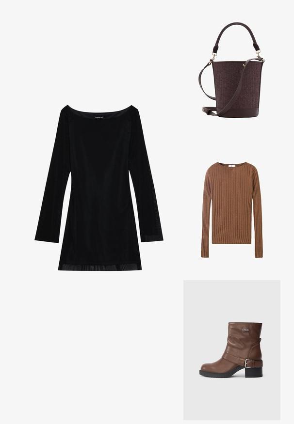 Hnedý rebrovaný sveter s dlhým rukávom a okrúhlym výstrihom, ktorý vystihuje textúrovanú látku zdôrazňujúcu vertikálne línie. Jednoduchý a priliehavý dizajn.; Čierne dlhé šaty s odhalenými ramenami, hladkou textúrou a splývavým strihom. Obsahujú priehľadné detaily na leme.; Hnedé kožené členkové čižmy s voľným dizajnom, bočným prackovým detailom a nízkym zúženým podpätkom s textúrovanou gumovou podrážkou.; Hnedá tkaná vedro taška s hladkým koženým dnom, vrchnou rukoväťou a nastaviteľným ramenným popruhom. Obsahuje akcenty z pozláteného kovu.