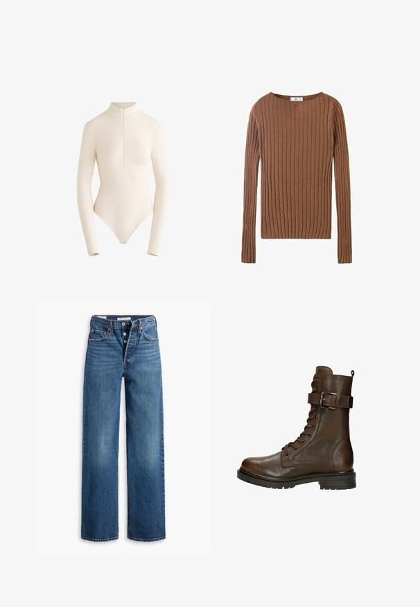 Brauner, gerippter Langarmpullover mit rundem Halsausschnitt, der einen strukturierten Stoff zeigt, der vertikale Linien betont. Einfaches und tailliertes Design.; Langärmliger Body aus leicht beigem Stoff mit hohem Kragen und Reißverschluss vorne, der ein glattes, enganliegendes Design sowie einen tief ausgeschnittenen Rücken aufweist.; Blaue Denim-Jeans mit weitem Bein, fünf Taschen, Knopfverschluss und kontrastierenden Nähten. Strukturierter Stoff mit einem verblassten Finish.; Braune Leder-Schnürstiefelette mit einer seitlichen Schnalle, runder Zehenpartie, robustem Profil und gesteppten Details für zusätzliche Textur.
