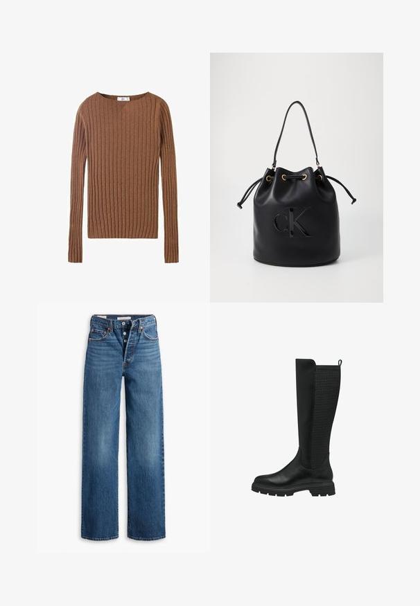 Brown ribbed long-sleeve sweater with a round neckline, showcasing a textured fabric that emphasizes vertical lines. Simple and fitted design.; Blue denim jeans with a wide-leg design, five pockets, button fly, and contrasting stitching. Textured fabric with a faded finish.; Black knee-high boot featuring a smooth leather front and textured mesh panel at the back, with a rubber sole and pull tab for easy wear.; Black leather bucket bag with drawstring closure, featuring a glossy "CK" logo on the front and gold-tone hardware accents.