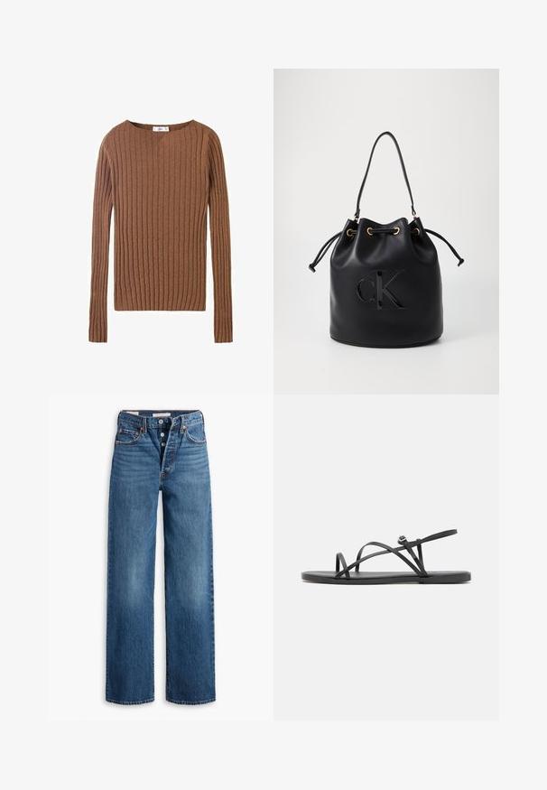 Brun räfflad långärmad tröja med rund halsringning, som visar en texturerad tyg som betonar vertikala linjer. Enkel och figurnära design.; Blå denimjeans med bred bendesign, fem fickor, knappgylf och kontrasterande sömmar. Texturerad tyg med en blekt finish.; Svarta platta sandaler med tunna, korsade remmar, öppen tå-design och en minimalistisk sula. Har en liten spänndetalj för justering.; Svart läder bucket bag med dragsko-stängning, prydd med en glänsande "CK"-logotyp på framsidan och detaljer i guld-ton.