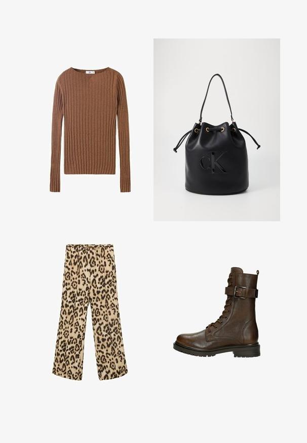 Bruine geribde langemouwen sweater met een ronde halslijn, die een gearceerd textiel laat zien dat verticale lijnen benadrukt. Eenvoudig en aansluitend ontwerp.; Luipaardprint wijde broek in beige en bruin, met een trekkoord in de taille, gladde stof en een ontspannen pasvorm.; Bruine leren veterschoen tot de enkel met een zijgesp, ronde neus, robuuste zool en stiksels voor extra textuur.; Zwarte leren emmer tas met trekkoord sluiting, voorzien van een glanzend "CK" logo aan de voorkant en gouden hardware accenten.