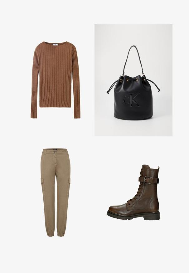 Bruine geribde langemouwen sweater met een ronde halslijn, die een gearceerd textiel laat zien dat verticale lijnen benadrukt. Eenvoudig en aansluitend ontwerp.; Beige cargobroek met een rechte pijp en elastische boorden, voorzien van zijzakken en een knoopsluiting in de taille. Gemaakt van een zachte, gestructureerde stof.; Bruine leren veterschoen tot de enkel met een zijgesp, ronde neus, robuuste zool en stiksels voor extra textuur.; Zwarte leren emmer tas met trekkoord sluiting, voorzien van een glanzend "CK" logo aan de voorkant en gouden hardware accenten.