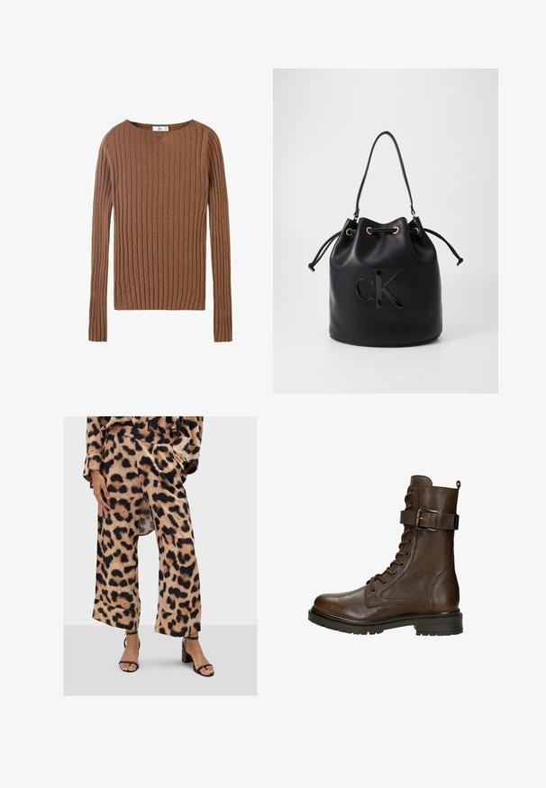 Hnědý žebrovaný svetr s dlouhým rukávem a kulatým výstřihem, který ukazuje texturovanou tkaninu zdůrazňující vertikální linie. Jednoduchý a přiléhavý design.; Kalhoty s leopardím vzorem ve volném střihu z jemné texturované tkaniny, s vysokým pasem a záhyby, spárované s černými sandály na podpatku.; Hnědá kožená kotníková obuv na šněrování se bočním přezkovým uzávěrem, kulatou špičkou, robustní podrážkou a švy pro zvýšení textury.; Černá kožená kabela ve tvaru kyblíku s utažením na šňůru, s lesklým logem "CK" na přední straně a zlatými kovovými detaily.