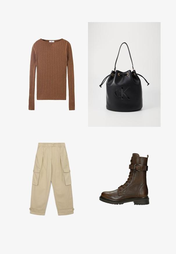 Brauner, gerippter Langarmpullover mit rundem Halsausschnitt, der einen strukturierten Stoff zeigt, der vertikale Linien betont. Einfaches und tailliertes Design.; Beige Cargo-Hosen mit hoher Taille, Falten, zwei großen Seitentaschen und Knopfmanschetten. Hergestellt aus weichem Stoff mit glatter Textur.; Braune Leder-Schnürstiefelette mit einer seitlichen Schnalle, runder Zehenpartie, robustem Profil und gesteppten Details für zusätzliche Textur.; Schwarze Leder-Eimer-Tasche mit Kordelzugverschluss, ausgestattet mit einem glänzenden "CK"-Logo auf der Vorderseite und goldfarbenen Hardware-Akzenten.