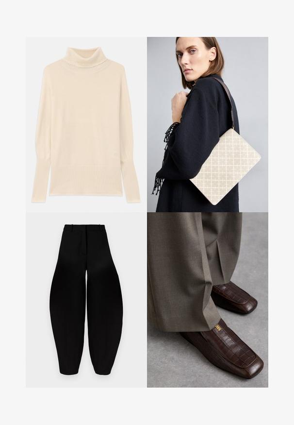 Kerami turtleneck jumper dengan manset dan hem bertekstur ribbed. Tekstur lembut, potongan santai, dan desain leher tebal. Kain rajutan ringan.; Mustat leveälahkeiset housut, joissa on korkea vyötärö, pleatattu etuosa ja kapenevat nilkat. Valmistettu sileästä kankaasta, jossa on matta pinta.; Ruske nahkasaapad krokotiilitekstuuriga, millel on kuldne logoaksent, koos heledate hallide pükstega. Kåru jalatüüp.; Beige kuvioitu olkalaukku, jolla on jämäkkä muoto, ruskealla teksturoidulla hihnalla. Mallilla harmaata taustaa vasten.
