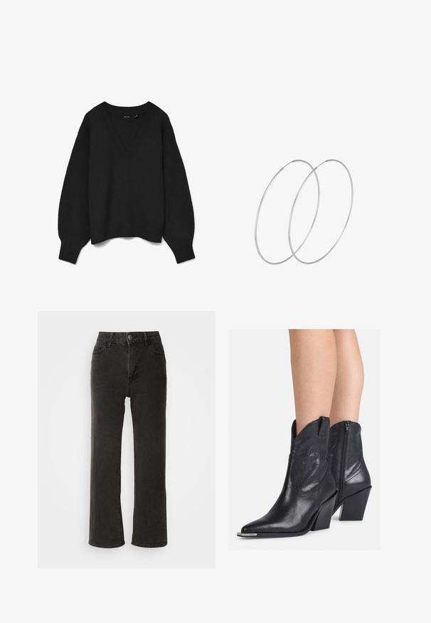 Black knitted sweater with a deep V-neck, drop shoulders, and ribbed cuffs and hem. Soft texture with an oversized fit. No visible patterns.; Black wide-leg jeans made of denim, featuring a front button closure, belt loops, and five pockets with a slightly faded texture.; Black leather ankle boots with a pointed toe, curved top, and a side zipper. Features a chunky heel and subtle stitching details.; Silver hoop earrings with a minimalist design. Circular shape, smooth texture, and thin profile. Lightweight with a polished finish.