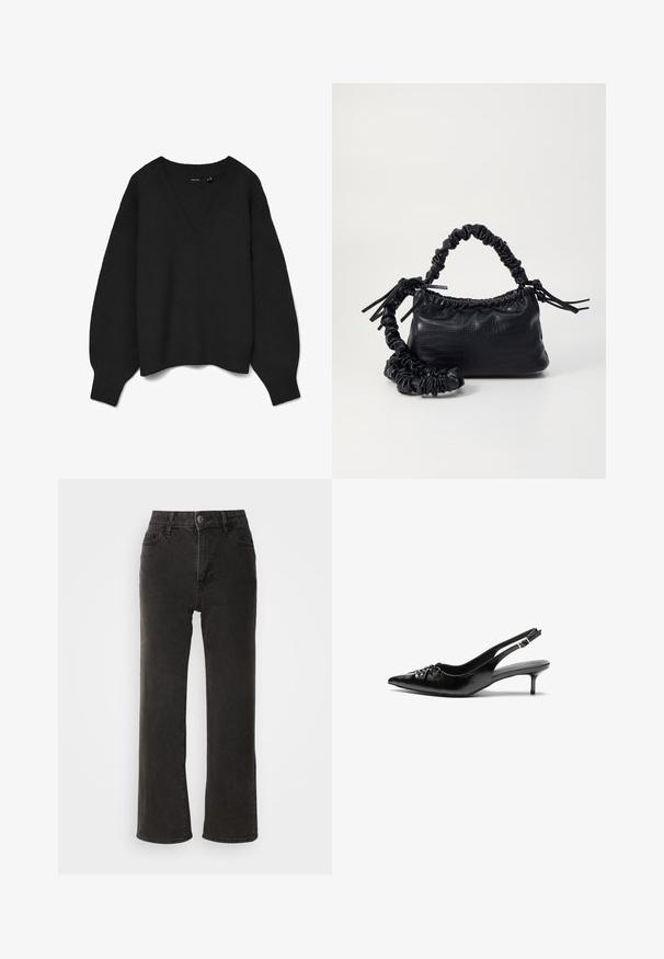 Black knitted sweater with a deep V-neck, drop shoulders, and ribbed cuffs and hem. Soft texture with an oversized fit. No visible patterns.; Black wide-leg jeans made of denim, featuring a front button closure, belt loops, and five pockets with a slightly faded texture.; Black leather slingback heels with a pointed toe, low kitten heel, and gathered detail on the vamp. Smooth texture and minimalist design.; Black faux leather handbag with a crocodile texture, cinched top, and a scrunched strap. Appears soft and compact in design.
