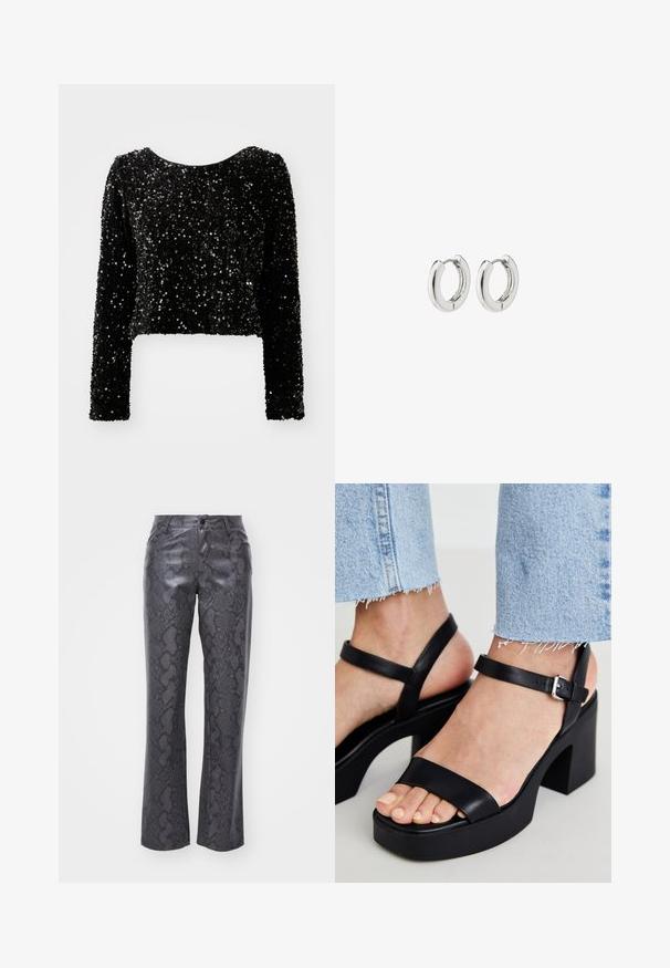 Zwarte, cropped langarmtop van glinsterende stof, met een ronde halslijn en een textuur van fonkelende pailletten.; Nep leren broek in donkergrijs met een slangenprintpatroon. Bevat een sluiting met een knoop aan de voorkant, rechte pijpen en een klassieke vijf-pocketstijl.; ALDO CELIE - Sandalen met hoge hak - black; Zilveren creolen met een gepolijste afwerking, uitgerust met een cirkelontwerp en naadloze scharnieren, die een gladde textuur tentoonstellen.