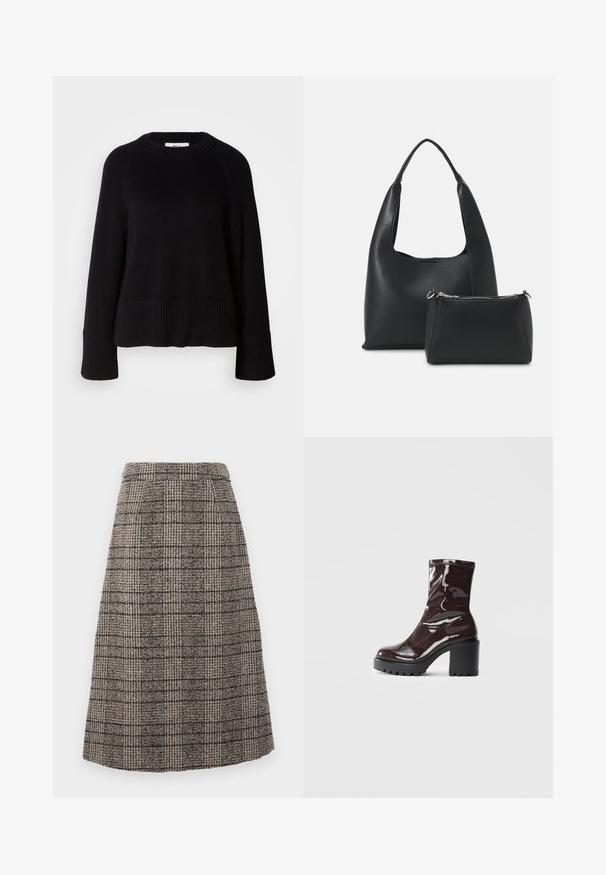 Fekete kötött pulóver kerek nyakkal, bordás mandzsettával és aljjal. Lazább szabású, texturált anyaga fokozott meleget biztosít.; Gyapjú keverék ceruzaszoknya, barna és szürke kockás mintával, struktúrált dizájnnal és tiszta szegéllyel a hemnél.; Fényes bordó bokacsizma vastag fekete sarokkal, sima felülettel és egyszerű dizájnnal. Nincsenek látható zárak vagy minták.; Even&Odd Kézitáska - black
