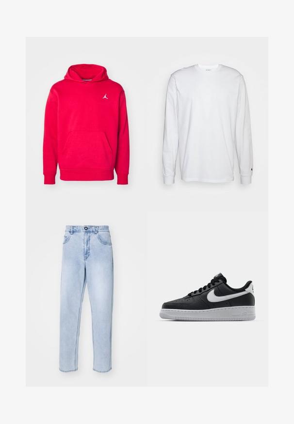 Hoodie rouge en tissu doux, avec une poche kangourou et un petit logo blanc sur la poitrine. Poignets et ourlet côtelés.; T-shirt blanc à manches longues en coton. Design à col rond avec des poignets côtelés et un petit logo sur la manche gauche. Texture lisse.; Jean en denim bleu clair à coupe droite, avec une fermeture à bouton, des poches latérales et un ourlet net sans embellissements.; Baskets en cuir noir avec surface texturée, swoosh Nike blanc, semelle grise, bout rond et design à lacets. Comprend des perforations sur la boîte à orteils.