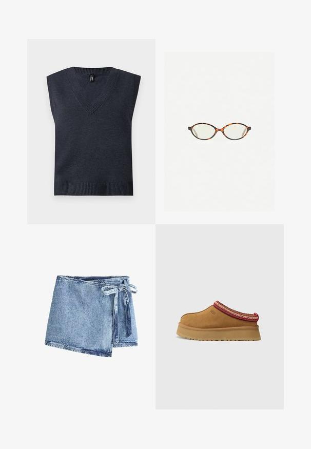 Sötét szürke ujjatlan kötött pulóver V-nyakkal és bordás fékekkel. Sima textúra; egyszerű dizájn, kiegészítő minták vagy díszítések nélkül.; Világoskék farmer anyagú, megkötős szoknya. A szövet texturált felületű, nyers szegéllyel és kontrasztos varrási részletekkel rendelkezik.; Barna velúr slip-on cipő piros és krém mintás díszítéssel, textúrált talppal és UGG logóval az oldalon. Könnyű platformmagassággal rendelkezik.; Tortábar színű szemüveg ovális lencsékkel és sima, elegáns felülettel. Vékony szárakkal rendelkezik, amelyeken finom ív található a halántéknál. Átlátszó lencsék.; Piros bőrből készült válltáska ívelt formával, sima textúrával és cipzáras záródással. Kiváló, vékony fogantyúval rendelkezik a hordozás érdekében.