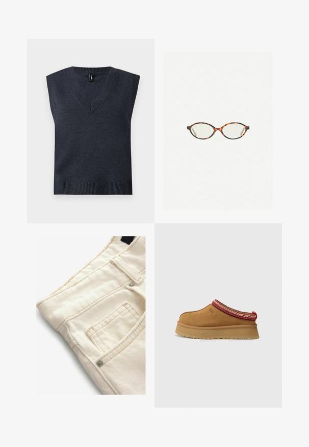 Tmavošedý bezrukávový pletený pulóver s výstrihom do V a rebrovaným lemom. Hladká textúra; jednoduchý dizajn bez ďalších vzorov alebo akcentov.; Džínsy krémovej farby s textúrovaným povrchom, so malou prednou vreckom a kontrastnými stehmi. Ideálne na neformálne nosenie.; Hnedá semišová obuv na slip-on s červeným a krémovým vzorovaným lemovaním, textúrovanou podrážkou a logom UGG na boku. Obsahuje mierne zvýšenú platformu.; Korytnačkové okuliare s oválnymi šošovkami a hladkým, lesklým povrchom. Majú tenké strany s jemným zakrivením na spánkoch. Priehľadné šošovky.; Červená kožená taška cez rameno s zakriveným dizajnom, hladkou textúrou a zipsovým uzáverom. Obsahuje tenký popruh na nosenie.