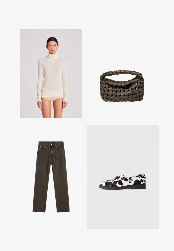 Langärmliges Rollkragenoberteil in Creme, aus leichtem Stoff mit glatter Textur; zeichnet sich durch eine figurbetonte Silhouette und geraffte Saumdetails aus.; Dunkelbraune gerade geschnittene Jeans aus Denim mit einem klassischen Fünf-Taschen-Design, metallischen Beschlägen und sichtbaren Nähdetails.; Schwarz-weiße Kuhflecken-Lederschuhe mit flacher Gummisohle, ausgestattet mit einer glatten Oberfläche und abgerundetem Zehendesign. Verstellbare Riemenakzente im oberen Bereich.; Gewebte Handtasche aus dunkelolivgrünem Leder, mit einem runden Oberhandgriff und einer weichen, strukturierten Oberfläche im Hobo-Stil.; Silberne Creolen mit polierter Oberfläche, die eine kreisförmige Form und einen Schwenkverschluss aufweisen, und dabei ein elegantes und minimalistisches Design betonen.