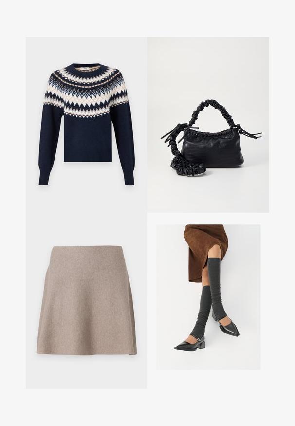 Námořnický modrý svetr s dlouhými rukávy, který má bílé, béžové a světle modré vzory ve tvaru zig-zag a kosočtverců přes hruď a ramena.; Béžová, rozšířená sukně vyrobená z měkké tkaniny s hladkým povrchem a čistým lemem. Jednoduchý design bez viditelných vzorů nebo ozdob.; Černé lakované boty s špičatou špičkou, blokovým podpatkem a kotníkovým páskem, spárované s šedými žebrovanými návleky na nohy a hnědskou sukní z semiše.; Černá kabelka z umělé kůže s krokodýlím vzorem, staženým vrškem a zmačkaným popruhem. Zdá se, že má měkký a kompaktní design.
