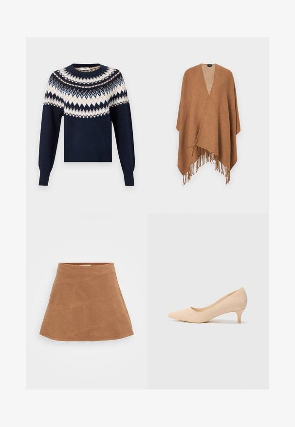 Mørkeblå genser med lange ermer, prydet med hvite, beige og lyseblå sikksakk- og diamantmønstre over brystet og skuldrene.; Brun kordfløyel mini skjørt med en utsvingt design, med skrå sømmer og en glatt tekstur. Flatt liv på toppen.; Beige semsket høyhælte pumps med spiss tå og en slank 2-tommers hæl. Glatt tekstur med minimal detaljering på overflaten.; Brunnet vevd poncho med et teksturert mønster, med frynsete kanter og V-hals design. Laget av myk stoff. Lag med casual yttertøy.