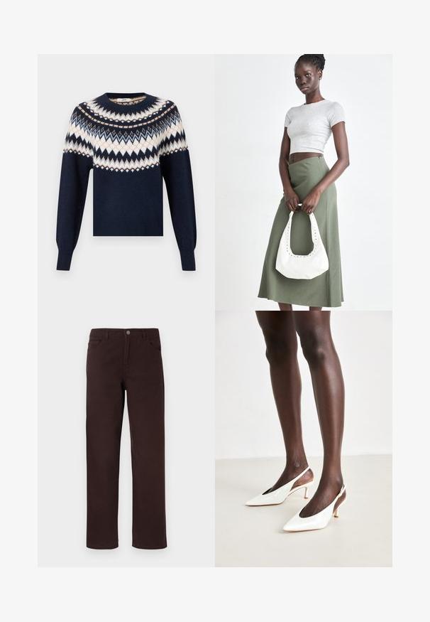 Navy blue sweater with long sleeves featuring white, beige, and light blue zigzag and diamond patterns across the chest and shoulders.; Brown cotton pants with a straight-leg design, two front pockets, and a button closure at the waistband. Smooth texture with no visible patterns.; White patent leather slingback heels with a pointed toe, slender heel, and open sides; smooth texture and minimalistic design.; Gray ribbed crop top and olive green high-waisted skirt. Model holds a white shoulder bag with cut-out detailing. Simple design, fitted silhouette.