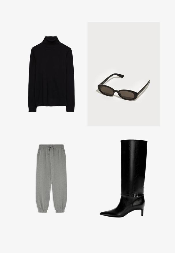 Schwarzer Rollkragenpullover aus einem weichen Strickstoff. Mit langen Ärmeln sowie gerippten Manschetten und Saum. Einfaches, klassisches Design ohne Muster.; Graue Jogginghosen mit tapered Schnitt, elastischem Bund und Kordelzug, seitlichen Taschen und elastischen Bündchen an den Knöcheln.; Schwarze Lederstiefel bis zum Knie mit spitzer Zehe und kleinem Absatz. Verfügt über einen schmalen Riemen mit einer metallischen Schnalle am Knöchel. Glatte Textur.; Schwarze Sonnenbrille mit ovalen, halbrandlosen Gläsern. Glänzende Rahmen und schlanke Bügel. Dunkel getönte Gläser mit minimalen Hardware-Details.; Schwarze Ledertasche mit glatter Textur, minimalistisches Design und einem einzigen, geschwungenen Schultergurt. Offenes Oberteil, keine sichtbaren Beschläge.