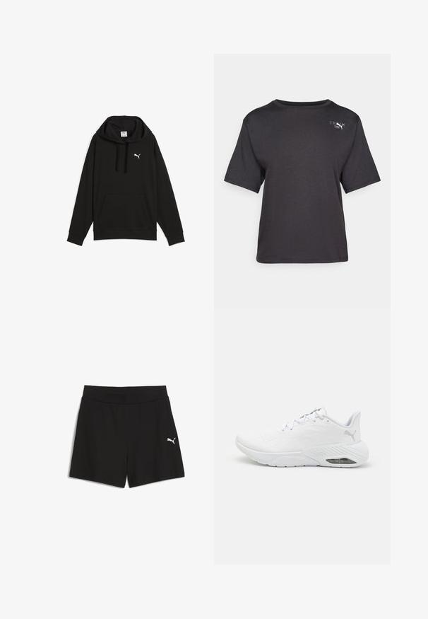 Černá mikina s kapucí, ribovanou texturou, klokaní kapsou, zatahovací kapucí a bílým logem na hrudi. Měkká tkanina, ležérní design.; Černé tričko s krátkým rukávem vyrobené z jemné látky, s kulatým výstřihem a malým logem na levém horním boku.; Černé šortky vyrobené z žebrované tkaniny, s širokým elastickým pasem a malým bílým logem Puma na dolní levé straně.; Bílé běžecké boty vyrobené z syntetického materiálu s hladkým designem, s prodyšnými detaily, polstrovaným límcem a viditelným vzduchovým polstrováním.