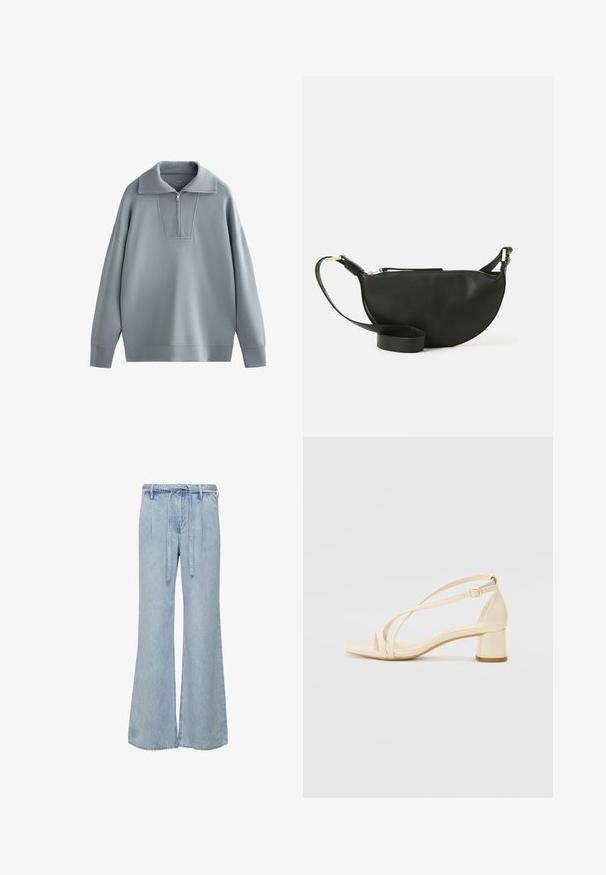 Pull léger gris clair avec un col zippé mi-haut, des manches larges et un empiècement texturé sur l'épaule. Fabriqué à partir d'un tissu doux et lisse avec une coupe décontractée.; Jeans larges bleu clair en denim. Dotés d'une taille à cordon et d'une coupe détendue avec des décolorations subtiles et des détails de couture.; Sandales à talons beiges avec un talon bloc, un design entrecroisé et une bride de cheville réglable, fabriquées en matériau synthétique lisse avec une finition mate.; Sac bandoulière en cuir noir de forme demi-lune, surface texturée, fermeture éclair dorée et bandoulière plate. Design compact adapté pour les essentiels.