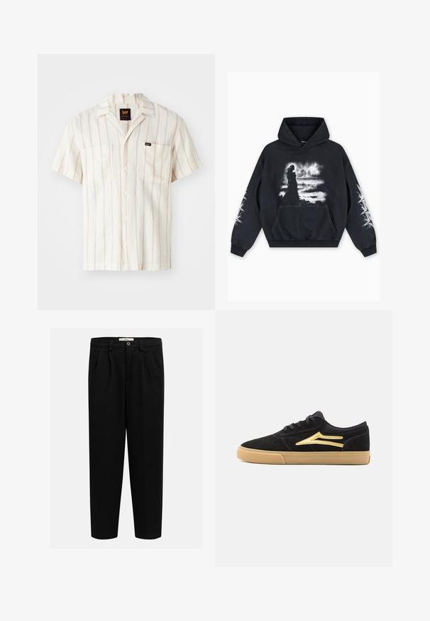 Mustade kapuutsiga sviiter, mille esipinnal on siluett tekstuuri taustal, valgete aktsentidega varrukatel ja känguru tasku.; Lühikeste varrukatega kreemivärvi särk, millel on peened roosad triibud. Omab kraed, kahte esist taskut ja logo sildi vasakul taskul.; Mustadest pehmest kangast püksid, otse lõikega disain, esikortsud ja nööbi sulgur vööl.; Mustad nahkjalatsid kummist tallaga, millel on külgedel kuldne aksentkujundus ja mustad paelad. Madal profiil.