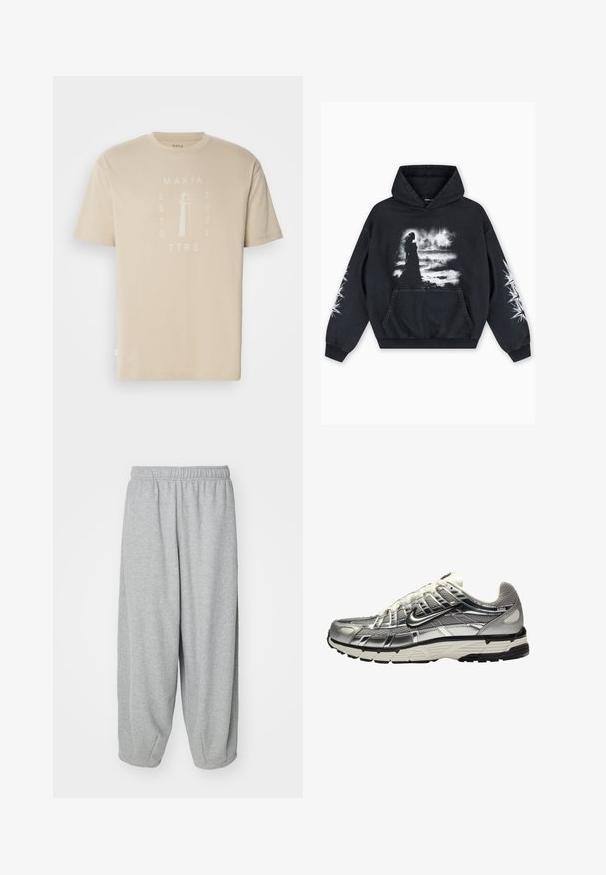 Musta huppari, jossa on etupuolella grafiikka siluetista teksturoidun taustan päällä. Hupparissa on valkoiset yksityiskohdat hihoissa ja kenguru-tasku.; Beige puuvillane t-särk lühikeste varrukatega, millel on tuletorni graafika ja tekst "MAKIA ESTD 2001 TTRS" heledamas toonis.; Vaaleanharmaat, löysät collegehousut, jotka on valmistettu pehmeästä kankaasta. Joustava vyötärö ja resorit nilkoissa. Yksinkertainen ja koristelematon muotoilu.; Hopeinen ja musta urheilujalkine, jossa on verkkokangas- ja synteettinen päällinen, tilava muotoilu ja teksturoitu pinta. Varustettu pehmustetulla nilkkareunalla ja kumipohjalla.