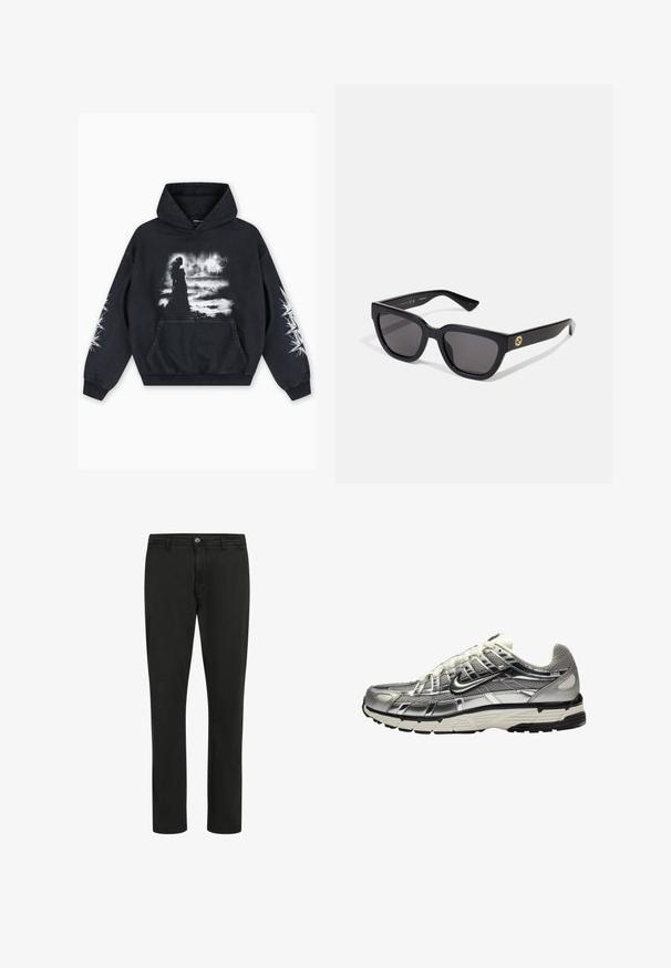 Musta huppari, jossa on etupuolella grafiikka siluetista teksturoidun taustan päällä. Hupparissa on valkoiset yksityiskohdat hihoissa ja kenguru-tasku.; Mustat puuvillahousut suoralla leikkauksella, edessä napilla kiinnitys ja kaksi sivutaskua; sileä pinta ja minimalistinen muotoilu.; Hopeinen ja musta urheilujalkine, jossa on verkkokangas- ja synteettinen päällinen, tilava muotoilu ja teksturoitu pinta. Varustettu pehmustetulla nilkkareunalla ja kumipohjalla.; Musta suorakulmionmuotoinen aurinkolasit, joissa on kiiltävä viimeistely, tummat linssit ja kultainen yksityiskohta templellä, jossa on logo.