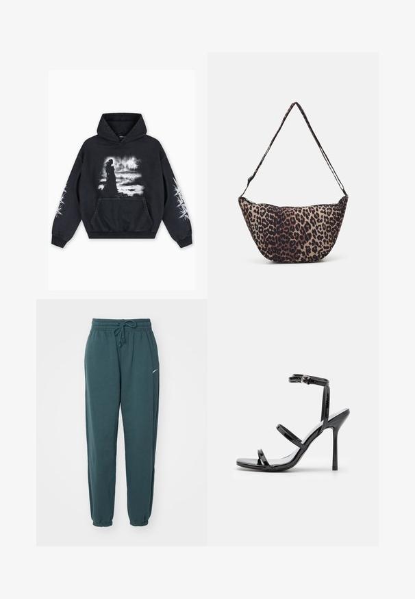 Zwarte hoodie met een voorzijde afbeelding van een silhouet tegen een gestructureerde achtergrond, met witte accenten op de mouwen en een kangoeroezak.; Teal trainingsbroek met een elastische tailleband, verstelbaar trekkoord en boordjes aan de enkels. Heeft een klein wit logo aan de linkerkant.; Zwarte gepatineerde leren hoge hak sandalen met drie horizontale banden en een verstelbare enkelband. Slanke silhouette en glanzende afwerking.; Tasje van leopardprint stof met een gebogen vorm, dunne schouderriem en ritsclosures. Natuurlijke tinten van beige en donkerbruin. Glad textuur.