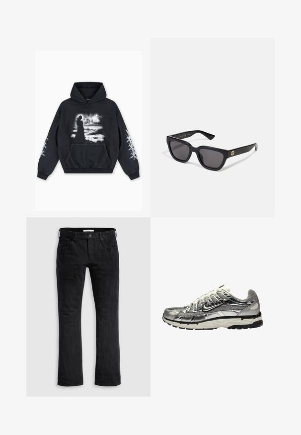 Zwarte hoodie met een voorzijde afbeelding van een silhouet tegen een gestructureerde achtergrond, met witte accenten op de mouwen en een kangoeroezak.; Zwarte denim jeans met een rechte pijp, voorzien van een klassiek vijf-pocket ontwerp, subtiele verticale textuur en een sluiting met knoop aan de voorkant.; Zilveren en zwarte sportschoen met een bovenwerk van mesh en synthetisch materiaal, een volumineus ontwerp en een gestructureerde afwerking. Voorzien van een gevoerde kraag en een rubberen zool.; Zwarte rechthoekige zonnebril met een glanzende afwerking, donkere lenzen en goudkleurige accenten op de poot met het logo.